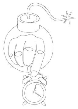 One continuous line of alarm clock with Bomb. Thin Line Illustration vector.. 스톡 일러스트
