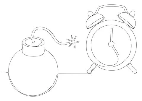 One continuous line of alarm clock with Bomb. Thin Line Illustration vector.. Illustrazione stock