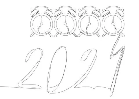 One continuous line of alarm clock with the number 2024. Thin Line holiday .. Illustrazione stock