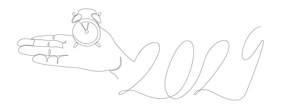 One continuous line of alarm clock with the number 2024. Thin Line holiday .. Illustrazione stock