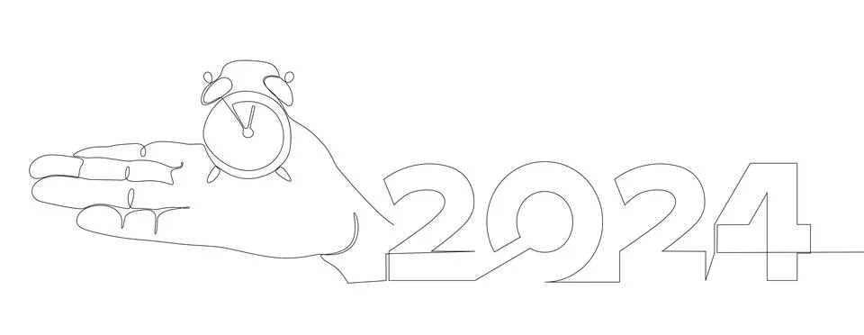 One continuous line of alarm clock with the number 2024. Thin Line holiday .. Illustrazione stock
