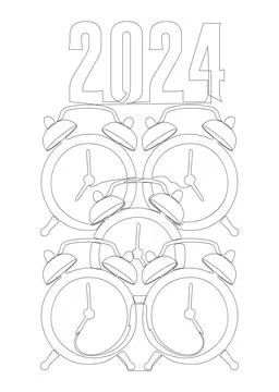 One continuous line of alarm clock with the number 2024. Thin Line holiday .. Illustrazione stock