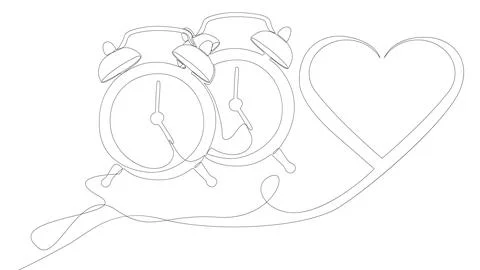 One continuous line of alarm clock with Heart. Thin Line Illustration vecto.. Illustrazione stock