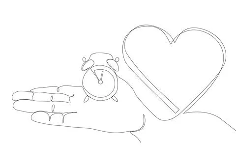 One continuous line of alarm clock with Heart. Thin Line Illustration vecto.. Illustrazione stock