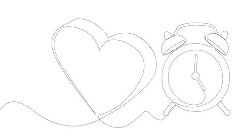 One continuous line of alarm clock with Heart. Thin Line Illustration vecto.. Illustrazione stock