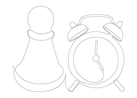 One continuous line of alarm clock with Chess Pawn. Thin Line Illustration .. Illustrazione stock