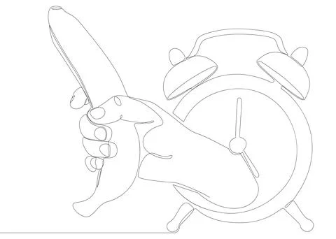One continuous line of alarm clock with Banana. Thin Line Illustration vect.. Stock Illustration