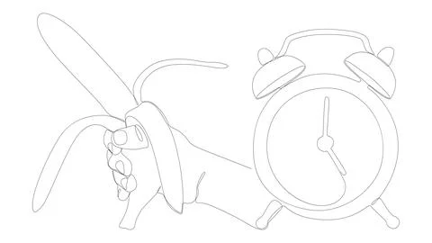 One continuous line of alarm clock with Banana. Thin Line Illustration vect.. Stock Illustration