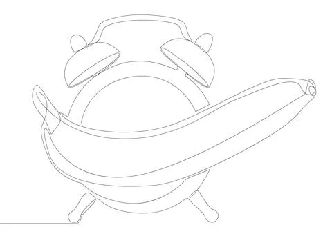 One continuous line of alarm clock with Banana. Thin Line Illustration vect.. Illustrazione stock
