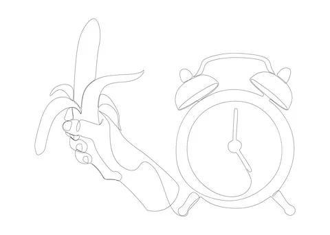 One continuous line of alarm clock with Banana. Thin Line Illustration vect.. Stock Illustration