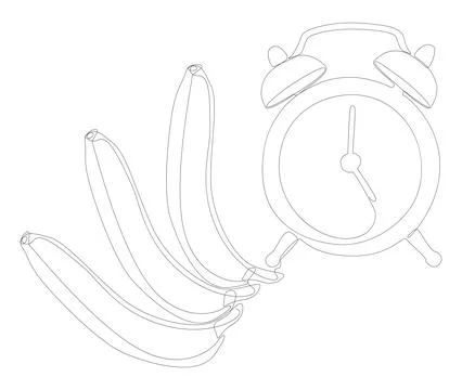 One continuous line of alarm clock with Banana. Thin Line Illustration vect.. Illustrazione stock