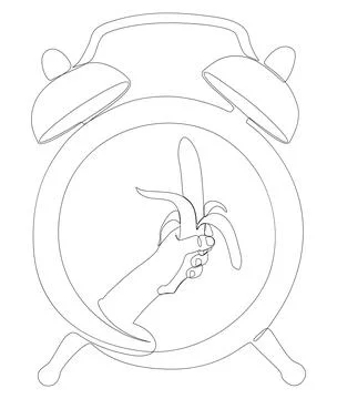 One continuous line of alarm clock with Banana. Thin Line Illustration vect.. Stock Illustration