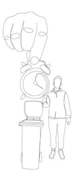 One continuous line of alarm clock and man with Garbage Bin. Thin Line Illu.. Illustrazione stock