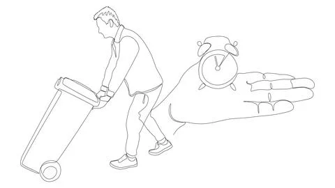 One continuous line of alarm clock and man with Garbage Bin. Thin Line Illu.. Illustrazione stock