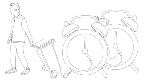 One continuous line of alarm clock and man with Garbage Bin. Thin Line Illu.. Illustrazione stock