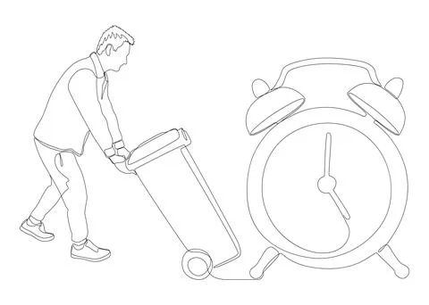 One continuous line of alarm clock and man with Garbage Bin. Thin Line Illu.. Illustrazione stock