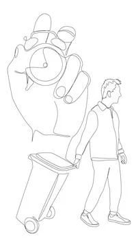 One continuous line of alarm clock and man with Garbage Bin. Thin Line Illu.. Illustrazione stock
