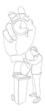 One continuous line of alarm clock and man with Garbage Bin. Thin Line Illu.. Stock Illustration
