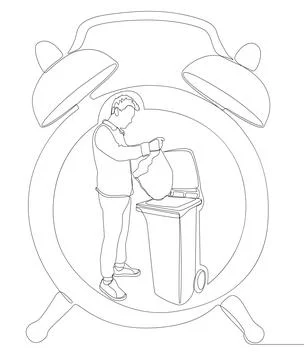 One continuous line of alarm clock and man with Garbage Bin. Thin Line Illu.. Illustrazione stock