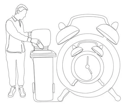 One continuous line of alarm clock and man with Garbage Bin. Thin Line Illu.. Illustrazione stock