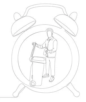 One continuous line of alarm clock and man with Garbage Bin. Thin Line Illu.. Illustrazione stock