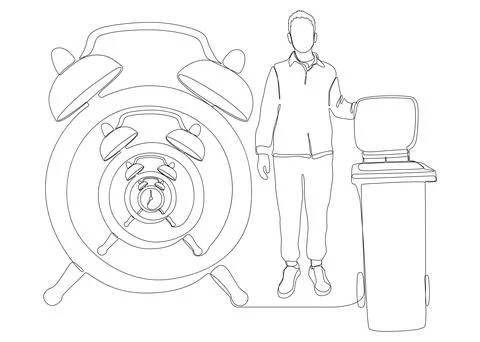 One continuous line of alarm clock and man with Garbage Bin. Thin Line Illu.. Illustrazione stock