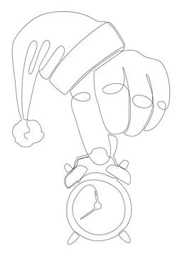 One continuous line of alarm clock with Santa Claus Hat. Thin Line Illustra.. Illustrazione stock