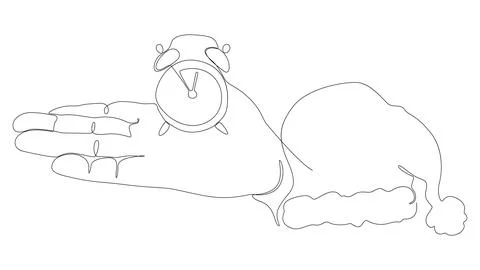 One continuous line of alarm clock with Santa Claus Hat. Thin Line Illustra.. Stock Illustration