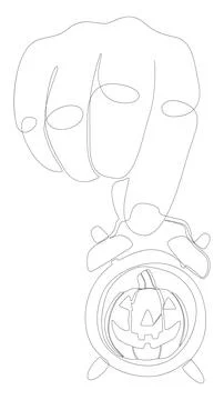 One continuous line of alarm clock with Halloween Jack O' Lantern pumpkin. .. Illustrazione stock