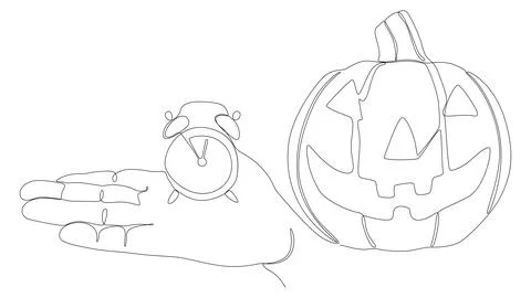 One continuous line of alarm clock with Halloween Jack O' Lantern pumpkin. .. Illustrazione stock