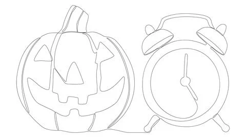 One continuous line of alarm clock with Halloween Jack O' Lantern pumpkin. .. Illustrazione stock
