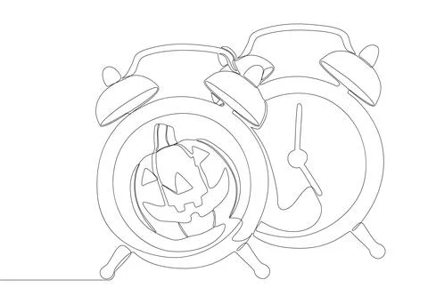 One continuous line of alarm clock with Halloween Jack O' Lantern pumpkin. .. Illustrazione stock