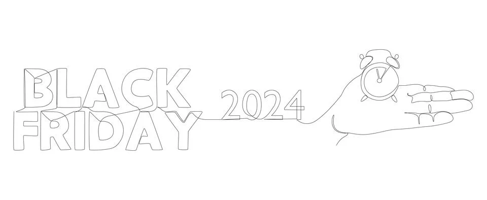 One continuous line of alarm clock with Black Friday 2024 text. Thin Line I.. Illustrazione stock