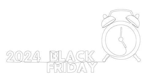 One continuous line of alarm clock with Black Friday 2024 text. Thin Line I.. Stock Illustration