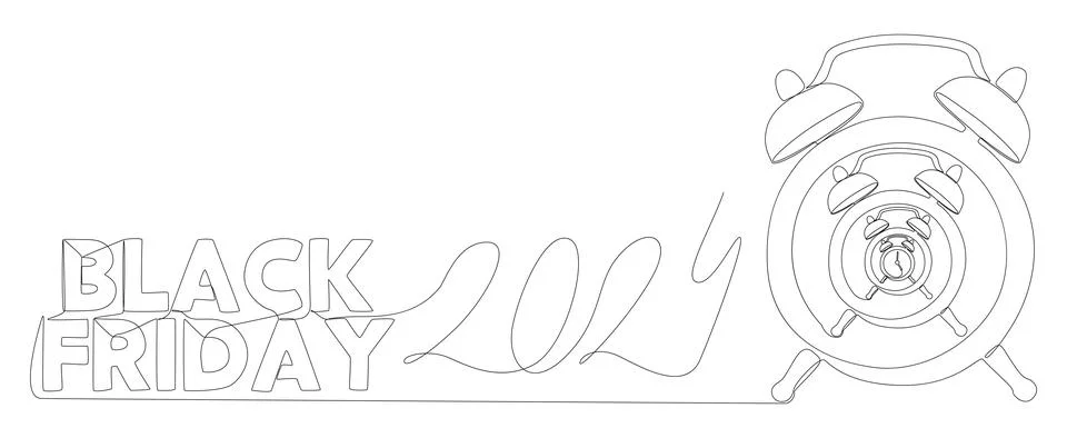 One continuous line of alarm clock with Black Friday 2024 text. Thin Line I.. Stock Illustration