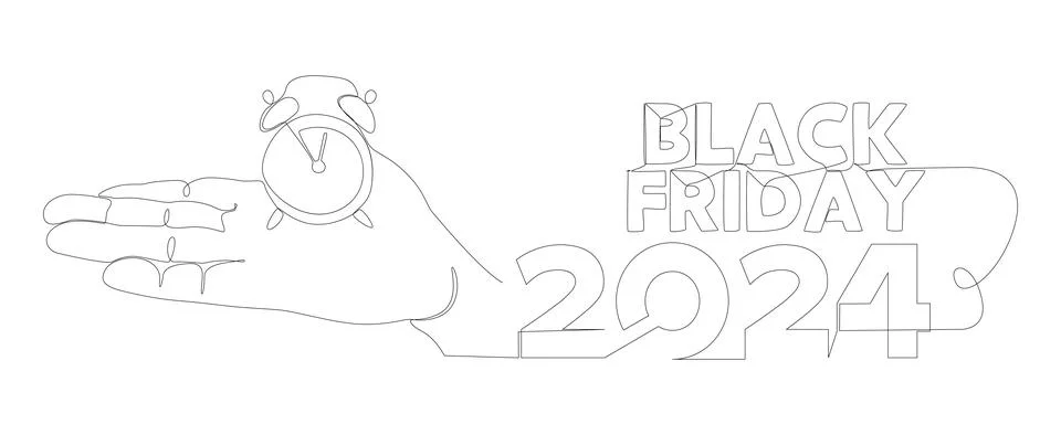One continuous line of alarm clock with Black Friday 2024 text. Thin Line I.. Stock Illustration