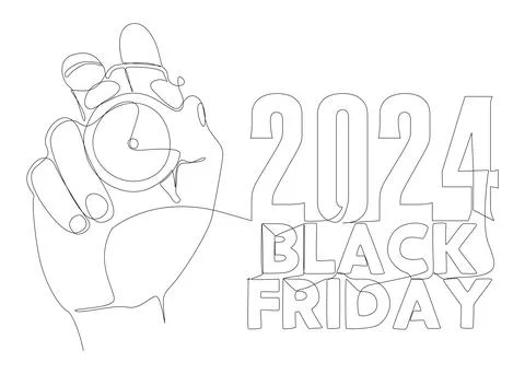 One continuous line of alarm clock with Black Friday 2024 text. Thin Line I.. Illustrazione stock
