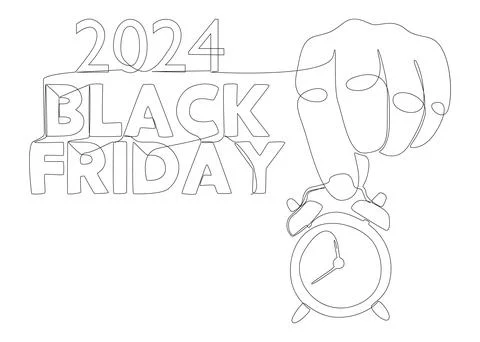 One continuous line of alarm clock with Black Friday 2024 text. Thin Line I.. Illustrazione stock