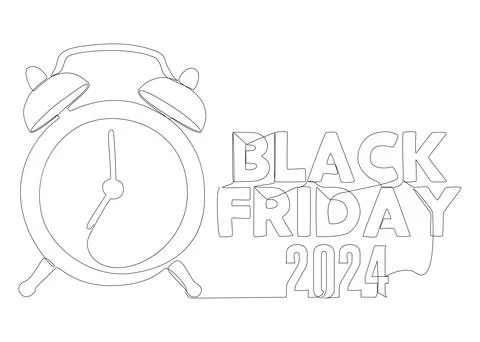 One continuous line of alarm clock with Black Friday 2024 text. Thin Line I.. Stock Illustration