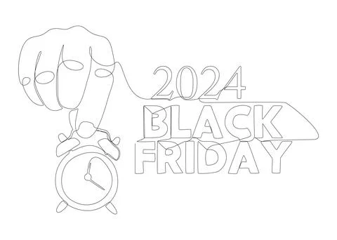 One continuous line of alarm clock with Black Friday 2024 text. Thin Line I.. Stock Illustration