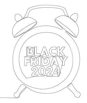 One continuous line of alarm clock with Black Friday 2024 text. Thin Line I.. Illustrazione stock