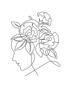 One continuous line art drawing minimalist woman portrait with flowers Stock Illustration