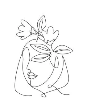 One continuous line art drawing minimalist woman portrait with flowers Stock Illustration