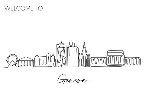 One continuous line art drawing of Geneva city Switzerland skyline Stock Illustration