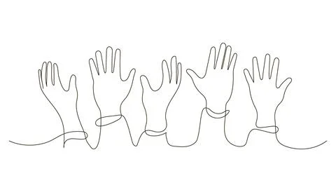 One continuous line art drawing group of people hands up. Vote, choose, charity Stock Illustration