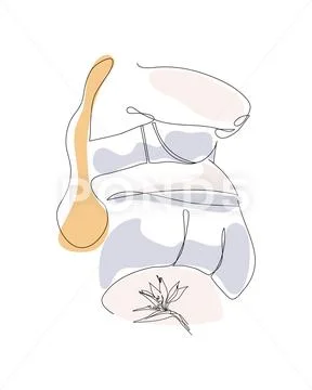 One continuous line Art of plus size woman in underwear with tattoo. Linear Stock Illustration