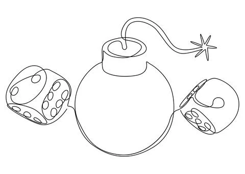 One continuous line of Bomb and dice. Thin Line Illustration vector concept.. Illustrazione stock