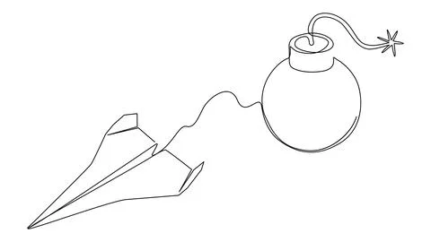 One continuous line of bomb and paper airplane. Thin Line Illustration vect.. Illustrazione stock