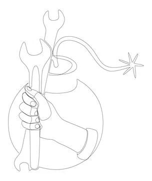 One continuous line of bomb and wrench. Thin Line Illustration vector conce.. Stock Illustration