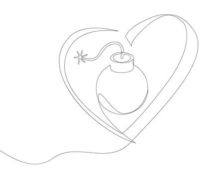 One continuous line of bomb and heart shape. Thin Line Illustration Explosi.. Stock Illustration
